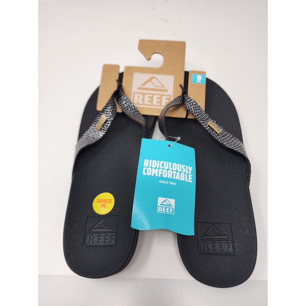 Reef Womens Cushion Court Snakeskin Flip Flop Sandals Black Faux Leather Size 9